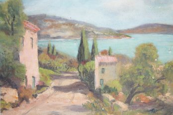 'DISTANT SHORES' BY MARJORIE BIMMERLE  OIL ON BOARD VINTAGE LANDSCAPE PAINTING