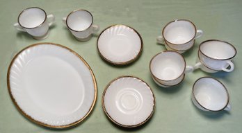 Fire King White With Gold Rim Miscellaneous Lot-12' Oval Platter, Saucers, Cups And Sugar Bowls