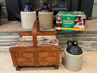 Fireplace Lot Includes 3 Antique Jugs, Vintage Log Basket W/handle (wood Included)& New Box Of 6 Firelogs