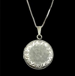 Vintage Sterling Silver Etched Round Locket On Italian Sterling Silver Chain