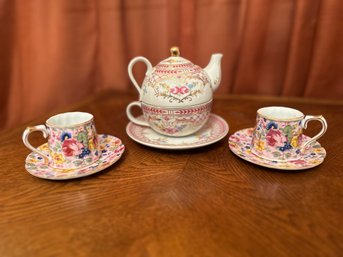 Sorelle Fine Porcelain Pink Rose Tea Set & Victoria's Garden Lowell MA. Miniature Porcelain Tea Cup Saucer (2)