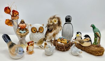 14 Penguin, Owls & Other Bird Figurines Of Many Materials, Some Vintage