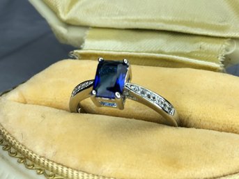 Very Pretty Sterling Silver / 925 Ring With Sapphire And Channel Set Sparkling White Zircons - WOW ! - Nice !