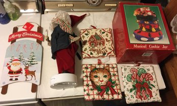 Nice Lot Of Vintage Christmas Decor - Santa Clause, Potholders, Sled, Cookie Jar