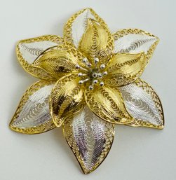 BEAUTIFUL LARGE STERLING SILVER AND GOLD VERMEIL 3D FILIGREE FLOWER BROOCH