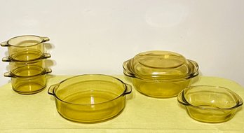 Six Pieces Of Vintage Dynaware Pyr-O-Rey Amber-One With Lid