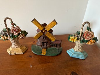 3 Door Stops Windmill And Two Flower Baskets