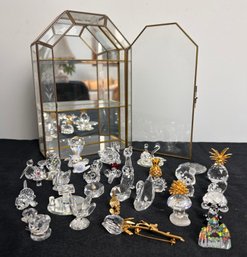 Swarovski Crystal And Various Other Figurines With Mirrored Display Case