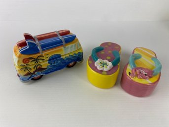 VW Style Beach Bus / Pair Of Flip Flops Salt & Pepper Shaker Sets