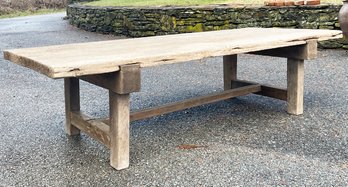 An American Primitive Notched And Weathered Oak Bench Or Coffee Table