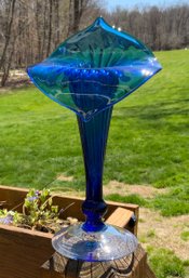 Beautiful Vintage Jack In The Pulpit Vase ~ Blue With Clear Glass Base ~