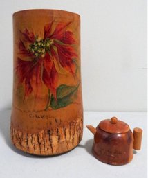 2 Pieces Of Souvenir Treenware Including C.1900 Log Vase From Cornwall, NY And 1950's Mt. Airy, PA Teapot