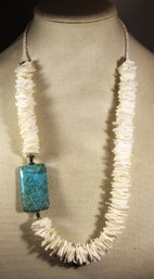 30' Long Shell And Large Turquoise Stone Beaded Necklace