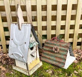 Two Folk Art Bird Houses Made From Reclaimed Material
