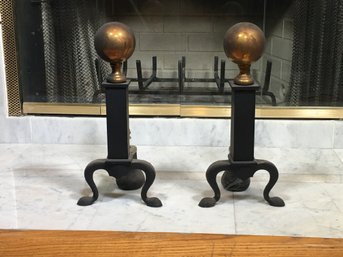 Very Nice Classic Style Cast Iron And Solid Brass Cannonball Andirons - Great Looking Pair - 16' Tall