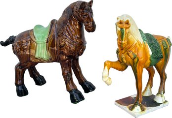 A Pairing Of Vintage Hand Painted Chinese Ceramic War Horses