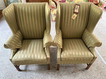 Cozy Pair Of Hepplewhite Striped Green Winged Chairs