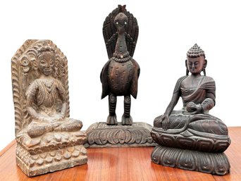 A Trio Of Vintage Tibetan Wood Carvings