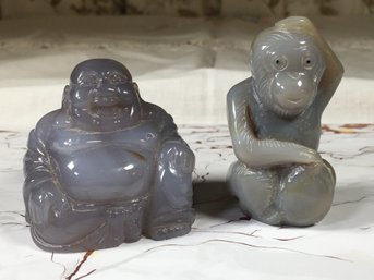 Two Vintage Pieces Gray Agate / Jade - Smoky Jade - Very Nice Pieces Of Hand Carved Monkey & Buddha - Vintage