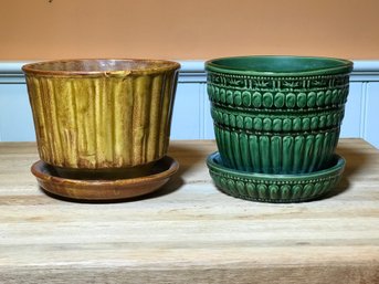 Very Nice Vintage Pair Of Vintage McCoy Flower Pots  - Bamboo / Brown - Green / Beaded - Both Nice Condition