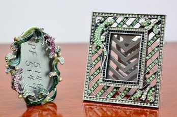Set Of 2 Jay Strongwater Lizard And Butterfly Designer Enamel Jeweled Picture Frames