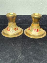 Vintage India Christmas Holly Enamel Brass Candlestick Holders