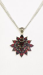 925 Silver And Garnet Flower Pendant With 9' Triple Strand Necklace- NOS