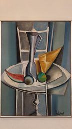 MADIANO TOMEI  MID CENTURY MODERN GEOMETRIC OIL ON CANVAS SIGNED PAINTING OF A PITCHER & WATERMELON