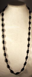 Black Onyx Or Lightly Striped Agate Black Beaded Necklace 34' Long