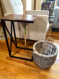 Wood And Black Metal Side Table 16.5x11.5x26 And Wicker Basket 13x12