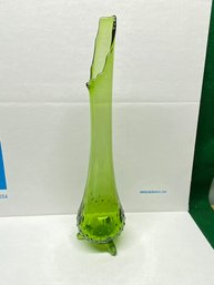 Mid-Century Cyan Green Hobnail Footed Swung Glass Vase. Stands 15 3/4' Tall.