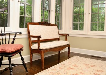 Antique Wooden Bench With Dog Heads And Fine Ecru Floral Upholstery And Removable Seat Cushion