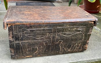 Civil War Era Primitive Small Carved Wooden Chest With Horses/mules