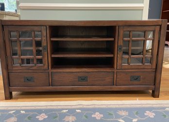 Flexsteel Dark Stained Oak Low Cabinet With Glass Front Cabinet Doors