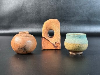 A Selection Of Decorative Items: Studio Pottery Cachepot, Horsehair Pottery Seed Pot & Sandstone Specimen