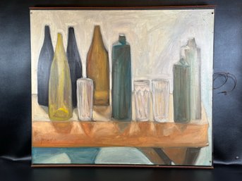 Another Vintage Oil On Board, Still Life, Grouping Bottles, Signed