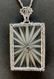 Gorgeous Art Deco 14k White Gold Camphor Glass W/Diamond Necklace