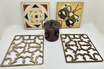 Vintage Coffee Canister & 4 Vintage Trivets: 2 Tile & 2 Metal