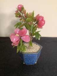 BLUE PLANTER WITH FAUX FLOWERS MADE IN JAPAN