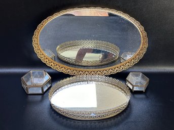 A Pair Of Vintage Vanity Tray Mirrors & Trinket Boxes