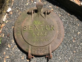 (1 Of 2) Very Unique  Antique Sexton Cast Iron Garbage Receiver Lid - Can Be Repurposed Into Many Things !