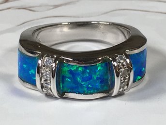 Fabulous Sterling Silver / 925 Ring With Sparkling White Topaz & Australian Opal Ring - VERY Unusual & Pretty