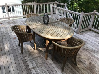 Fabulous Solid Teak Outdoor Set By SMITH & HAWKEN - Table & 4 Chairs With Cast Iron Umbrella Stand - AMAZING !