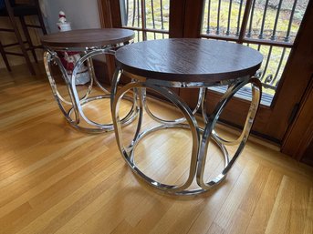 A Pair Of Modern Geometric Chrome End Tables