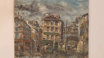 RAYMOND BESSE SIGNED OIL ON CANVAS PAINTING OF A STORMY DAY IN PARIS AT THE CAFE DU NORD IN PARIS