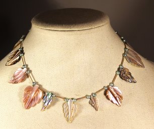 Gold Filled Filigree Clasp Hand Carved Leaves Necklace Multi Colored Mother Of Pearl