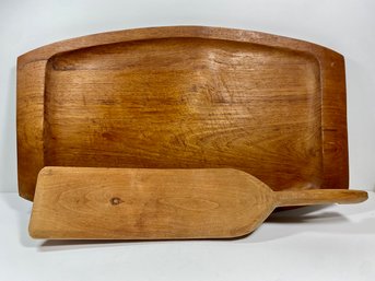 Mid-century Teak Meat Tray And Wooden Paddle