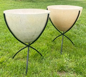 A Pair Of Awesome Mid Century Planters, Fiberglass On Wrought Iron Stands