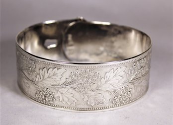 Antique English Sterling Silver Floral Pattern Wide Cuff Bracelet