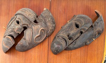 Antique Asian Carved Wood Masks - Parts And Pieces